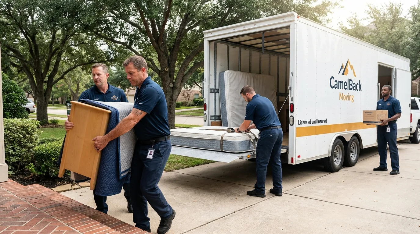 Crew loading residential truck for cross-state move from Idaho Falls, ID