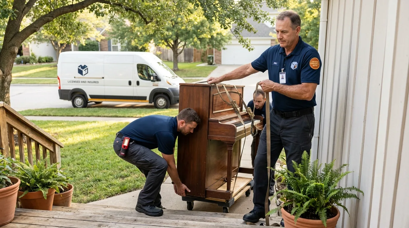 Licensed piano movers securing grand piano in Idaho Falls, ID