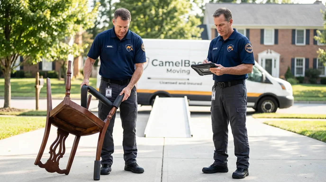 Movers inspecting furniture for damage prevention before loading in Idaho Falls, ID