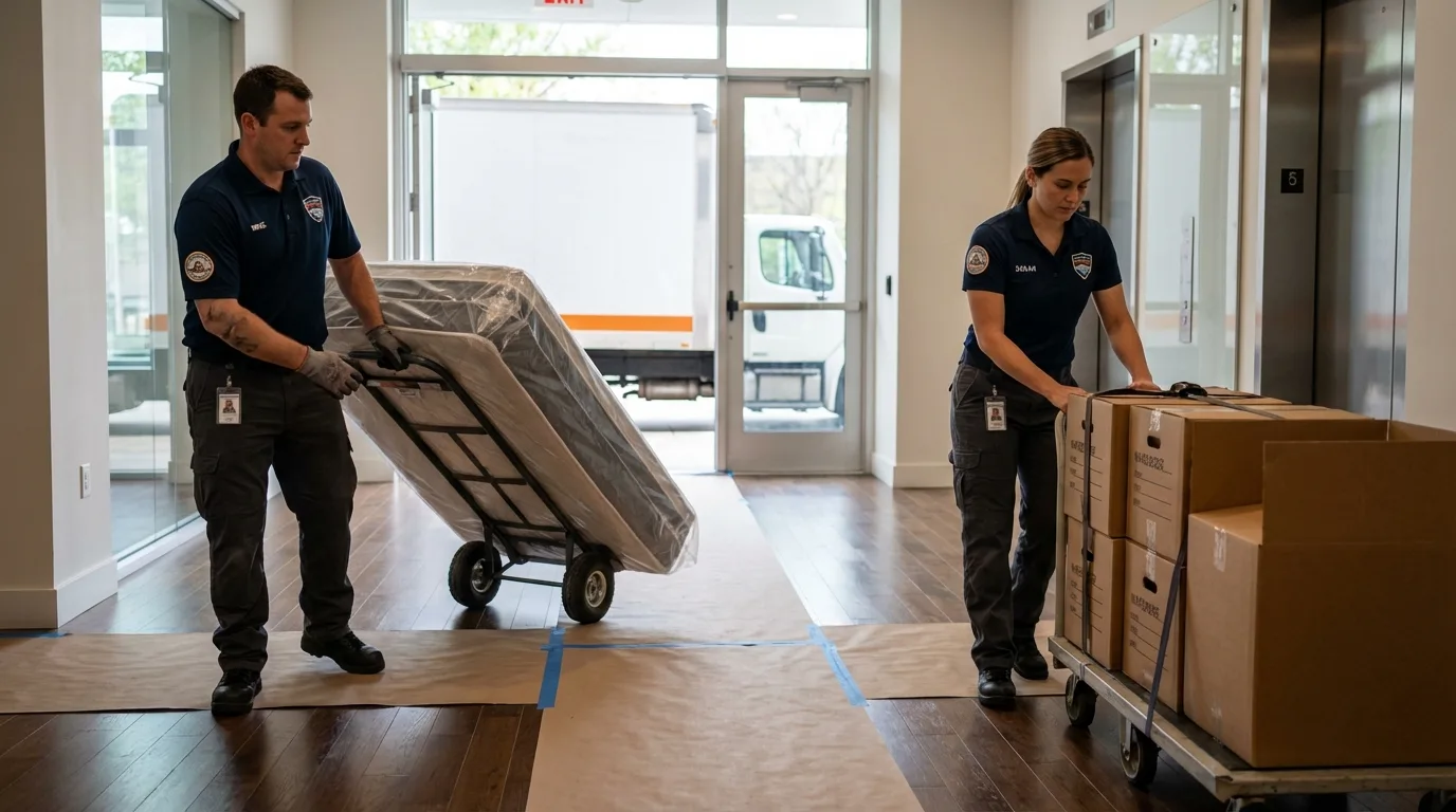 Professional apartment movers loading elevator in Idaho Falls, ID