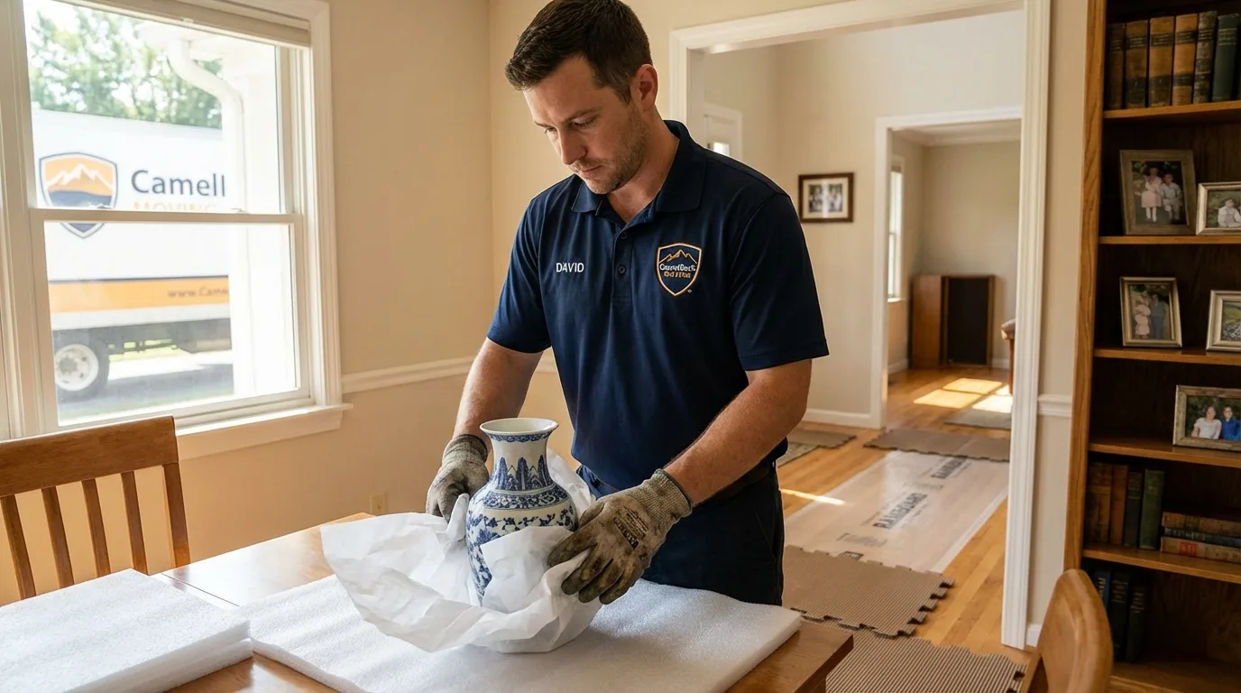 Professional crew carefully wrapping antique vase for senior downsizing move in Idaho Falls, ID